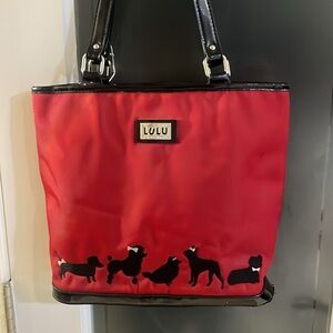 Lulu Guinness  Red Bag with Black Embroidered Dog Poodle Dachsund Accents
